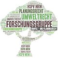 Logo der Forschungsgruppe Umwelt- und Planungsrecht in Form eines Baums, der aus verschidenen Schlagwörtern rund um die Forschungstätigkeit der Gruppe besteht.